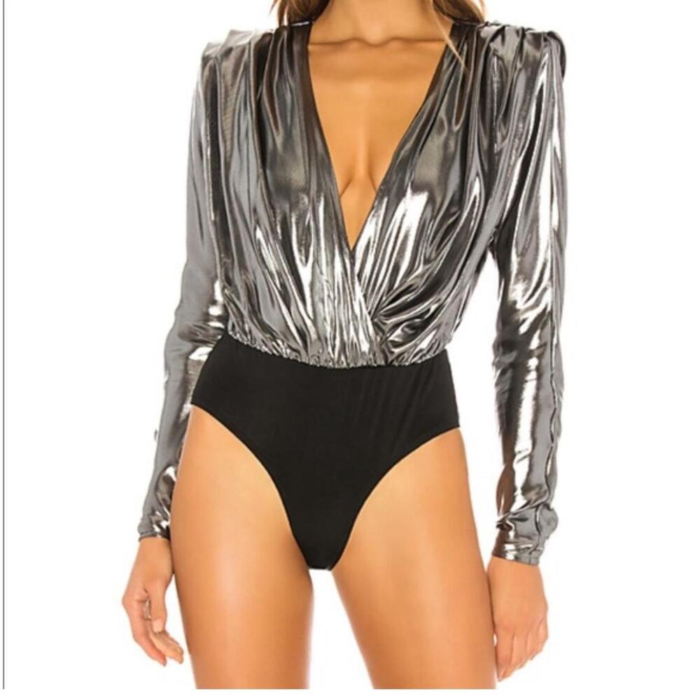 NWT Michael Costello x Revolve True Long Sleeve Bodysuit Metallic Silver XS